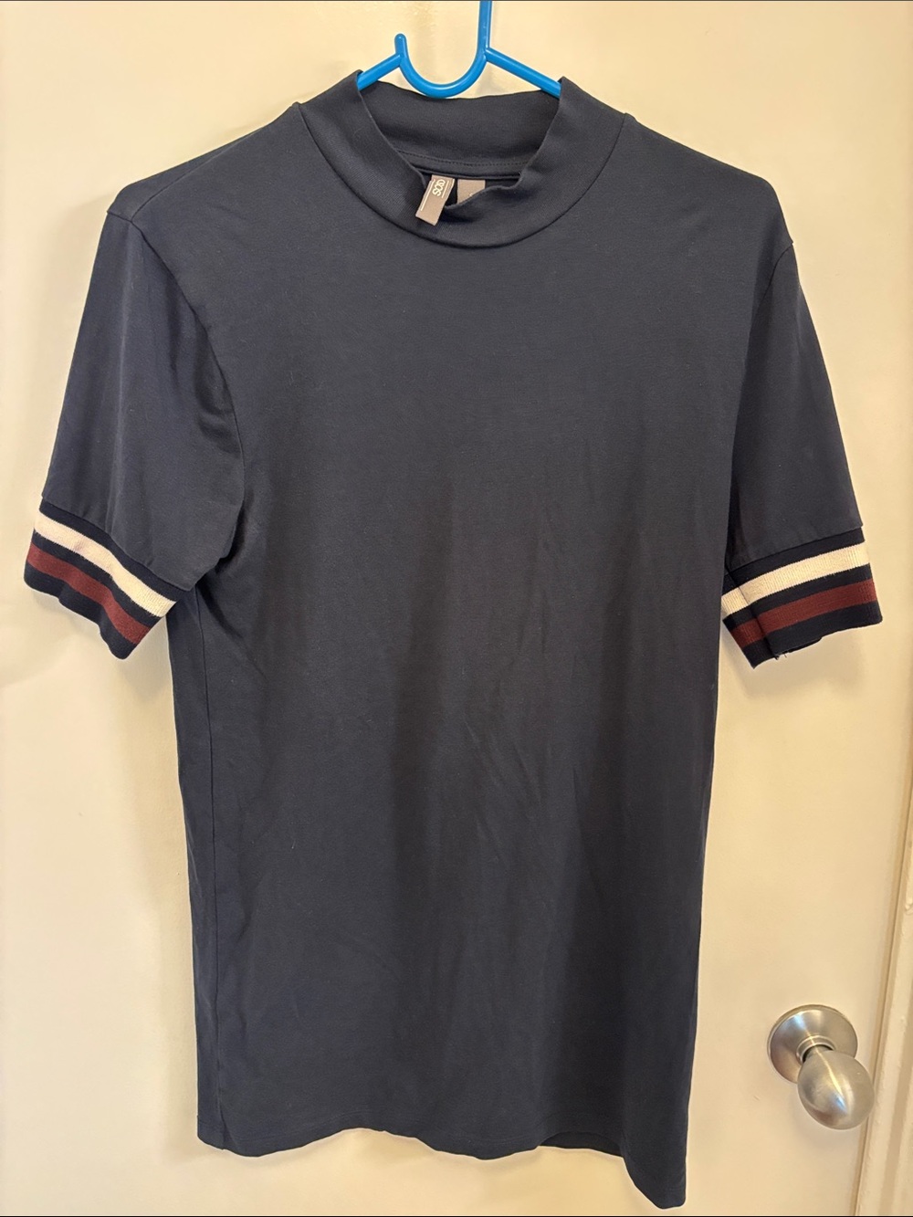 ASOS Men's Navy Short-Sleeve Mock Neck Shirt with Stripe Cuff
